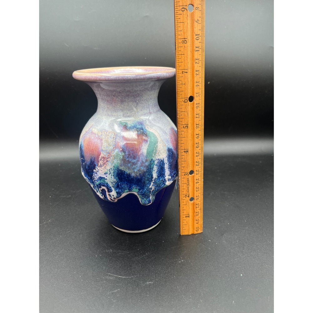 Studio Pottery Hand Signed Crystalline Drip Glaze Vase Blue Purple Green 6 inch - Picture 9 of 11